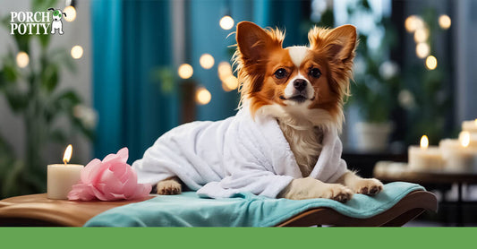 A Papillon puppy relaxes in a white spa robe