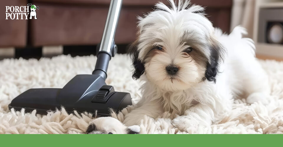 White and black puppy lying on a fluffy rug next to a vacuum cleaner.