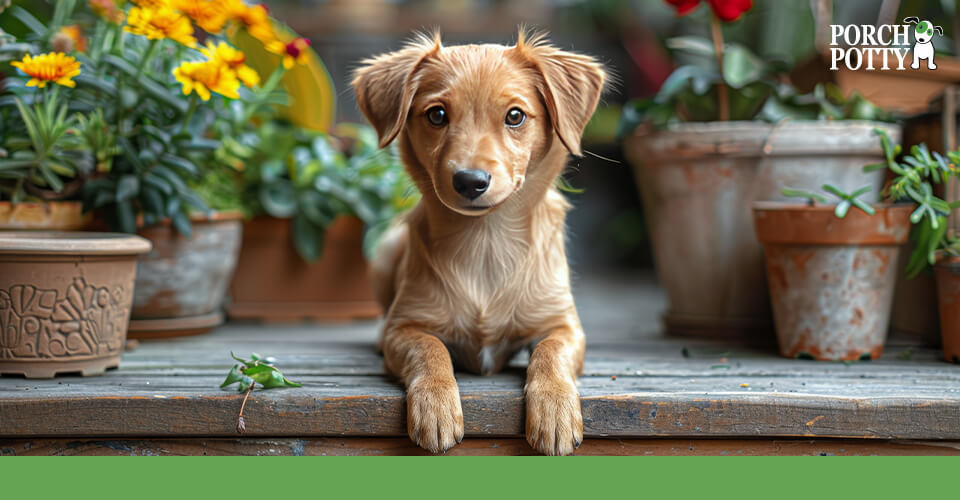 A sweet Dachshund lays down on a porch by some potted plants