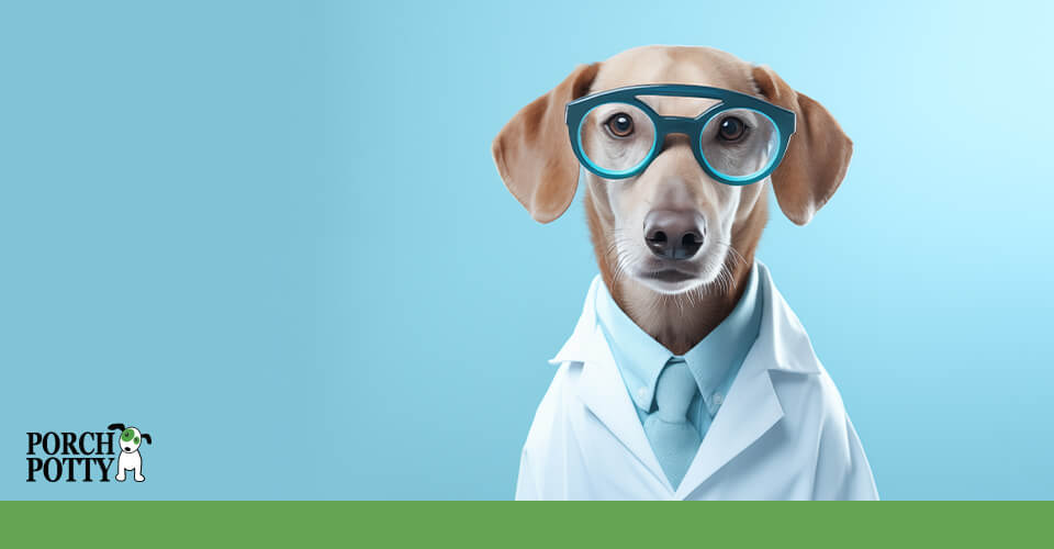 A sleek brown dog dressed in a lab coat and safety goggles