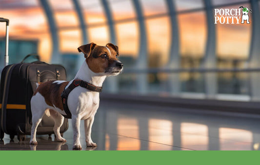 A Jack Russell terrier puppy stands beside a suitcase in an airport