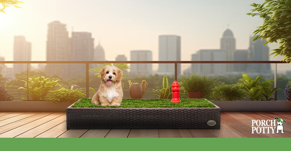 A fluffy puppy enjoys a clean Porch Potty on a balcony