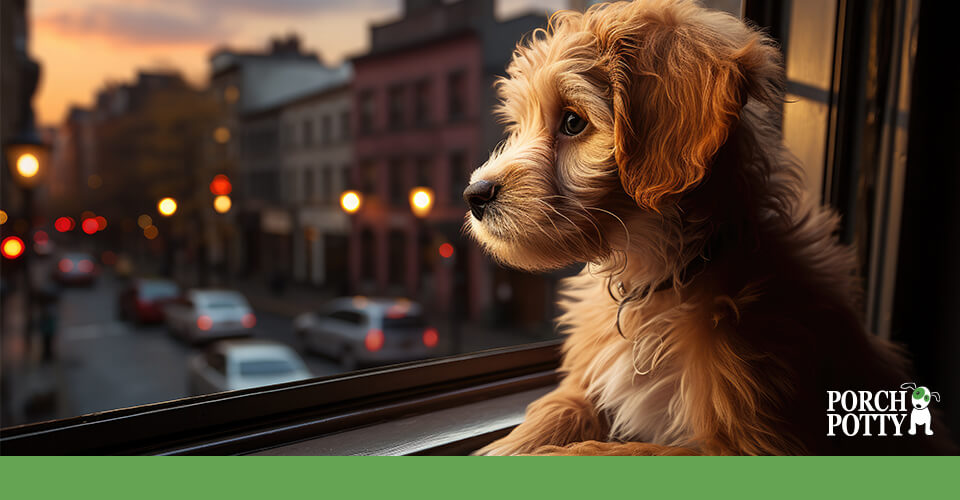 A fluffy dog looks out of an apartment window