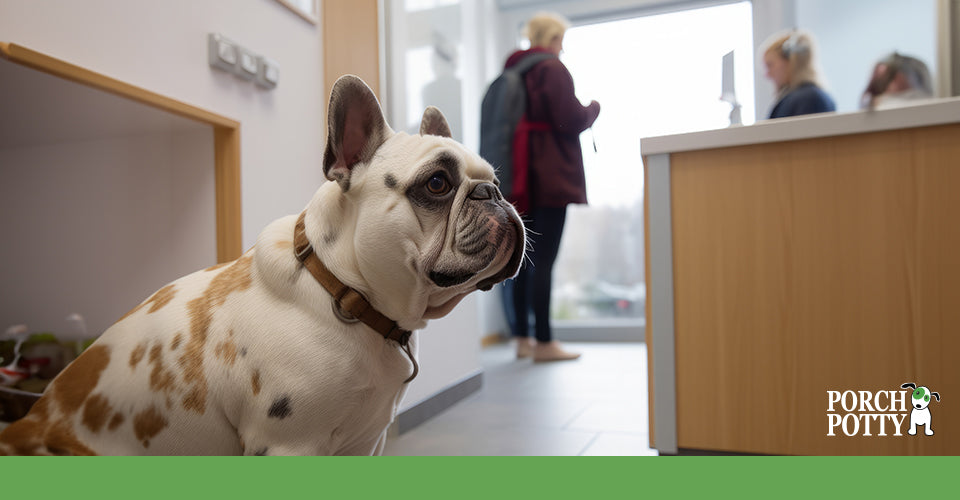 A spotted puppy sits on the floor of a vet's office