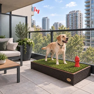 Golden retriever on a Porch Potty on a balcony with a Canadian flag