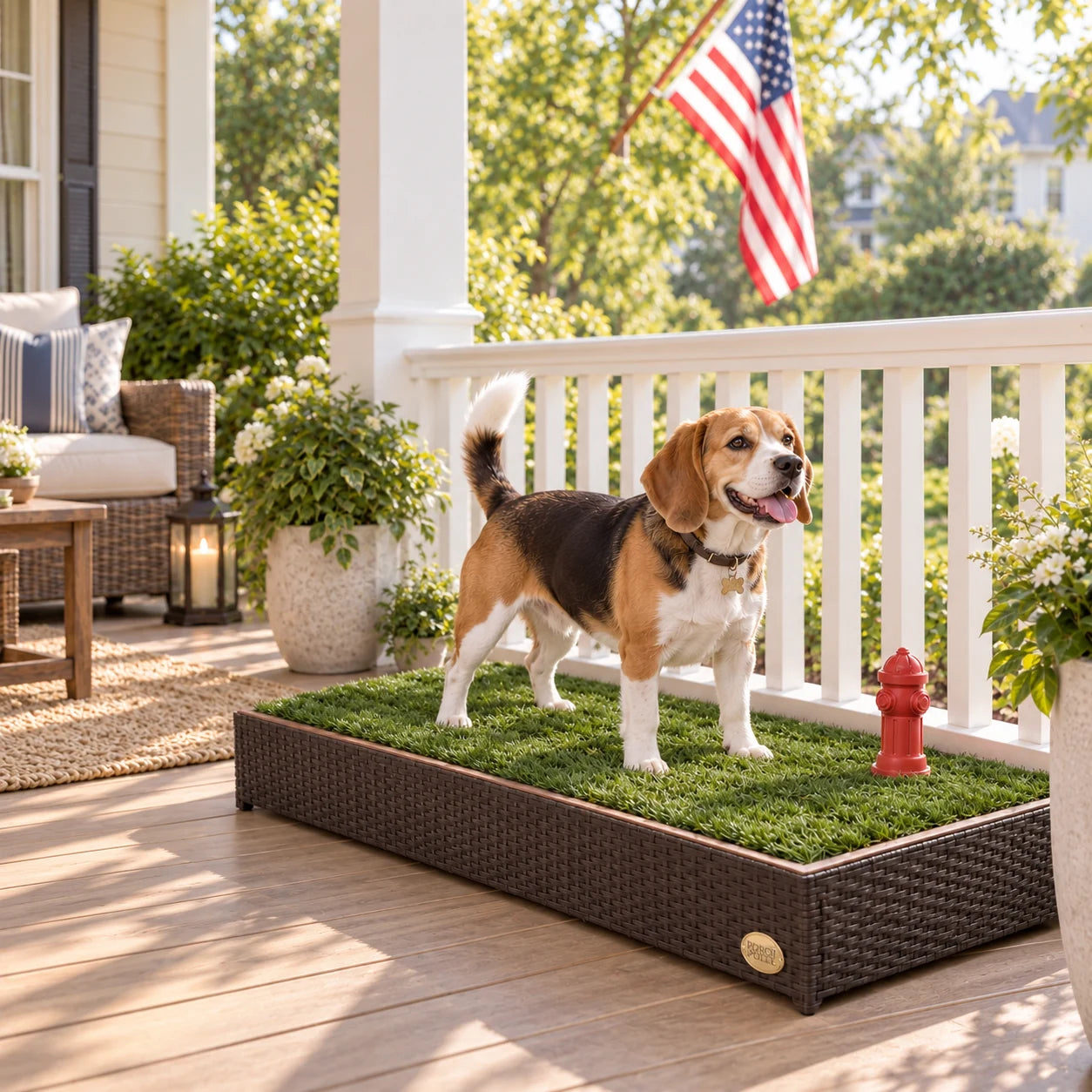 Beagle standing on a Porch Potty beside a white porch railing with an American flag in the background