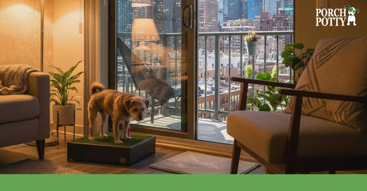 Small brown terrier using a Porch Potty set up inside an apartment with a city view through glass doors.