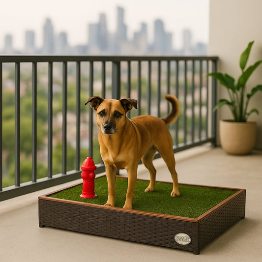 Medium-sized dog standing on a Porch Potty on a balcony with city skyline in the background.