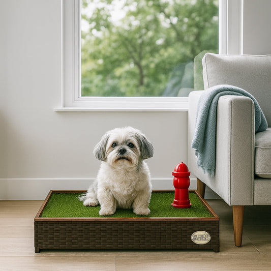 Small senior dog sitting on an indoor Porch Potty next to a sofa and window.