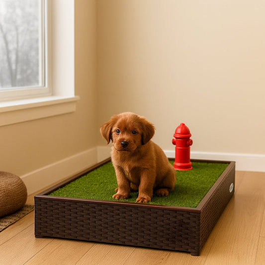 Young brown puppy sitting on a Porch Potty inside a cozy room during winter.
