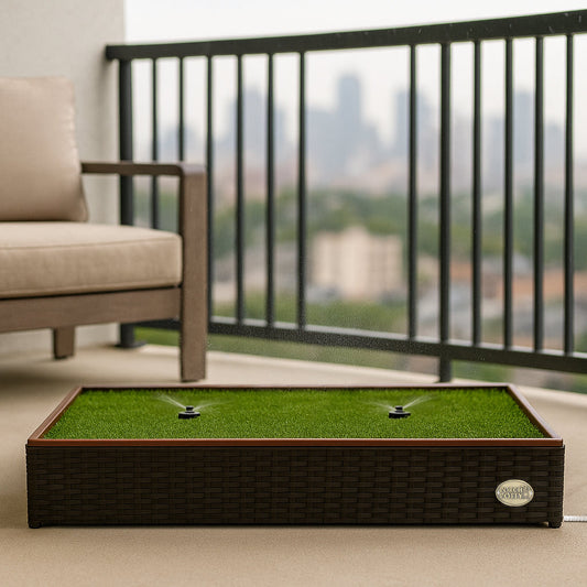 Porch Potty on a balcony with built-in sprinklers running, no dog present.