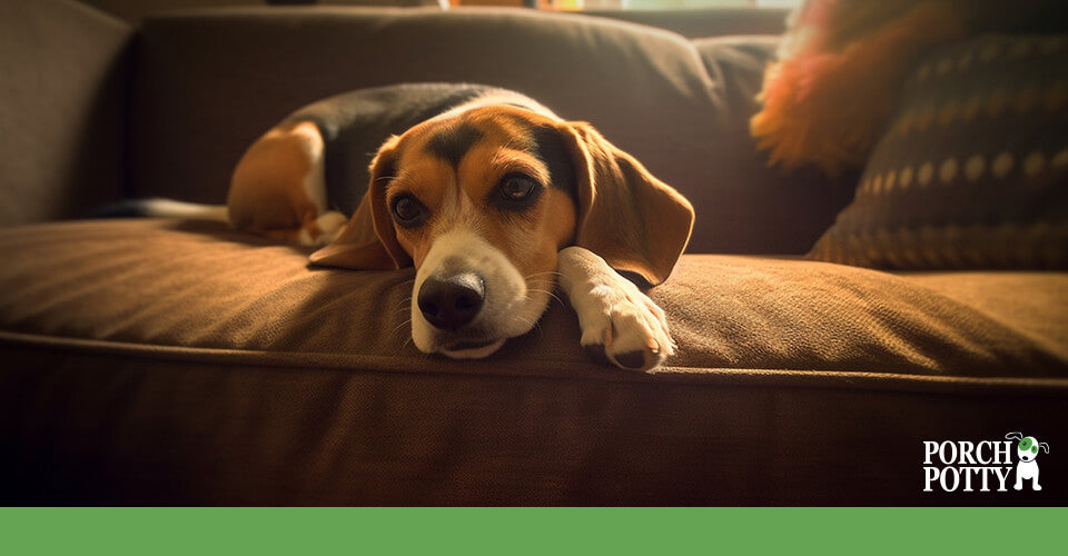 A Beagle puppy lays on a sofa cushion