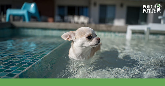 A Chihuahua enjoys splashing around in a pool