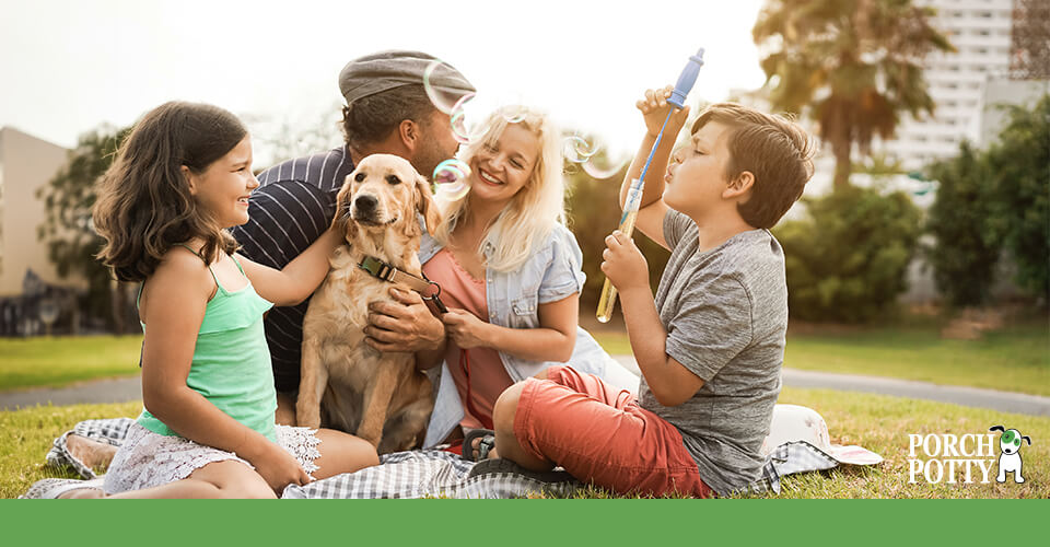 A happy family sitting on a blanket outdoors, with a golden retriever in the center, while a child blows bubbles. The Porch Potty logo is displayed.