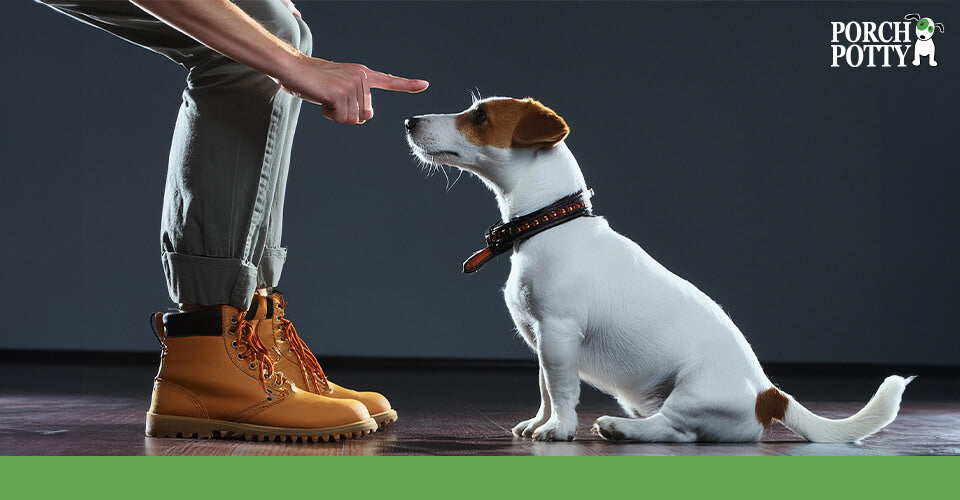 A Jack Russell Terrier sits on command at his owner's feet