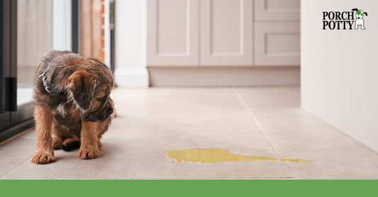 A small puppy looks at a puddle of urine on the floor inside a modern home.