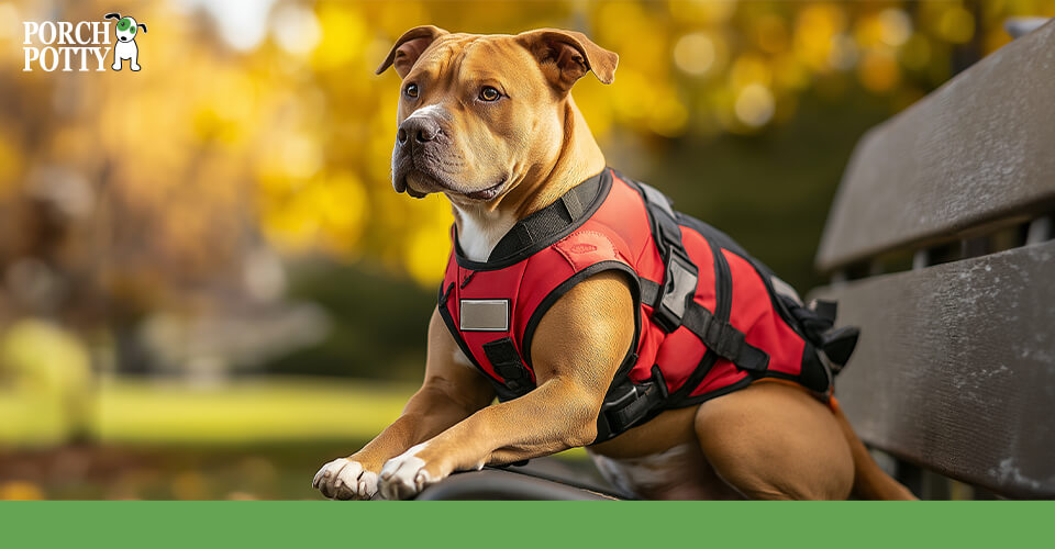 Service dog wearing a red vest sitting on a park bench.