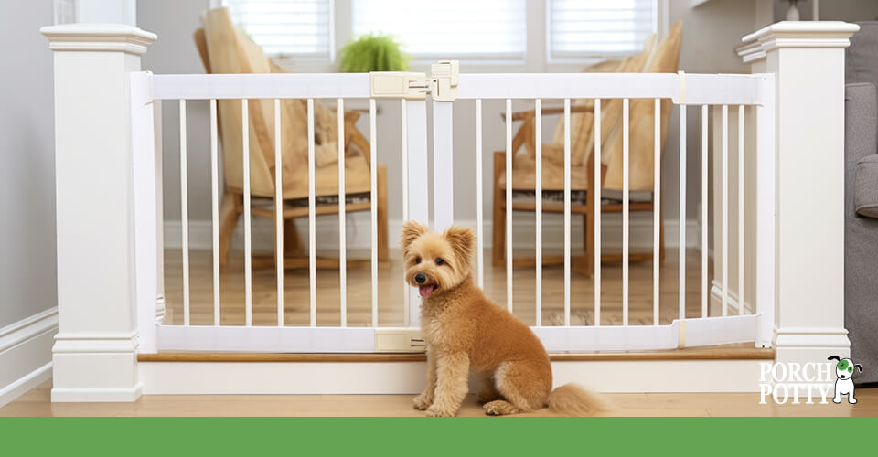 Two dogs inside a crate, with one brown and white dog looking directly at the camera while a black dog sits beside it.