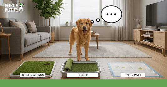 Dog standing indoors comparing real grass, artificial turf, and pee pad potty options arranged side by side in a modern living room.