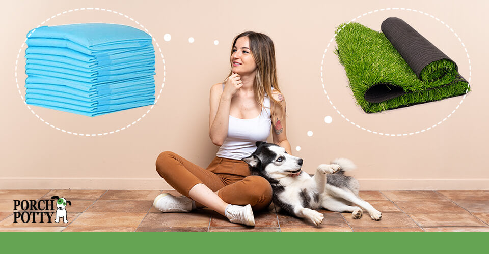 A woman sits on the floor with her dog with a thought bubble deciding between puppy pads and synthetic grass