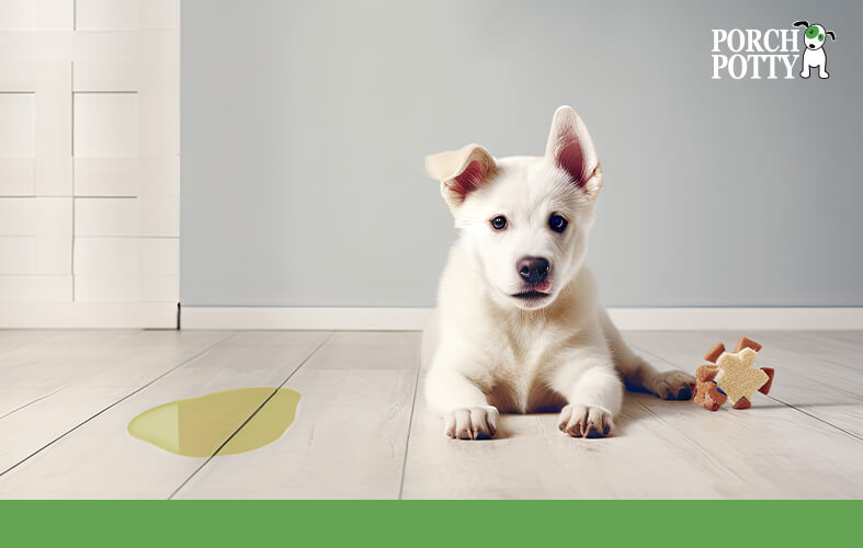 A white puppy lays beside a yellow puddle on a hardwood floor