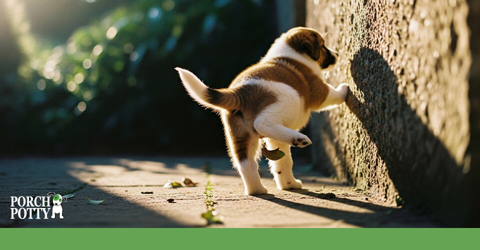 Young puppy lifting its leg against a wall during an early potty training moment outdoors.