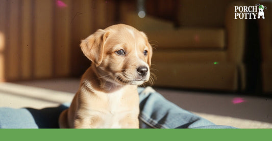 Eight-week-old puppy sitting indoors in soft natural light, looking alert and calm during the early stage of potty training.