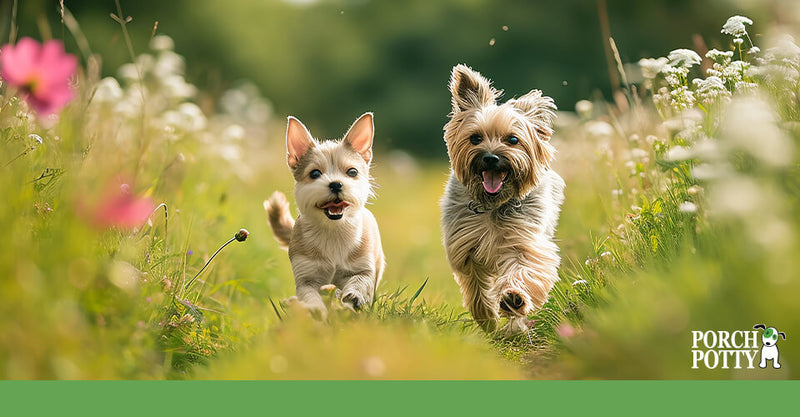 Two dogs run through a flowery field