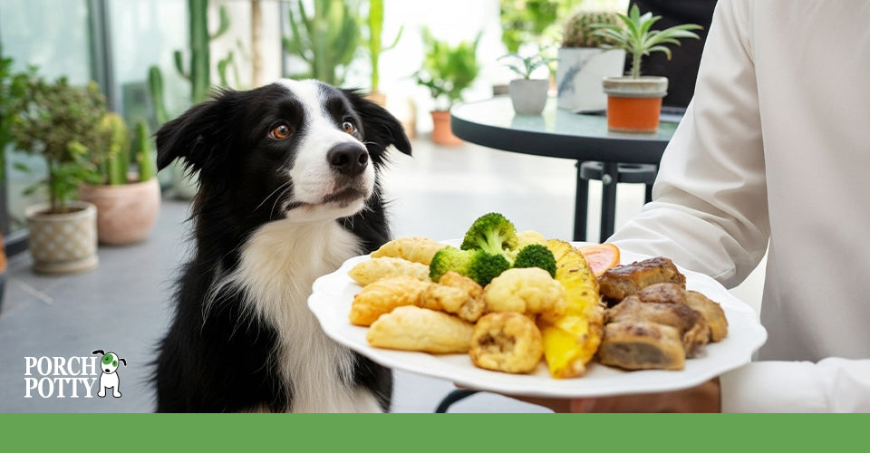 A dog staring at a plate of fried foods, vegetables, and meats being held at a table.