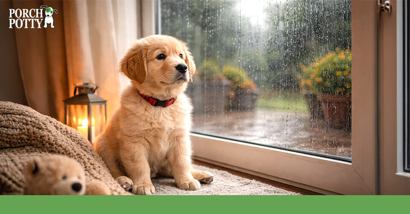 Golden retriever puppy sitting by a rainy window in an apartment, highlighting indoor dog potty training needs during bad weather