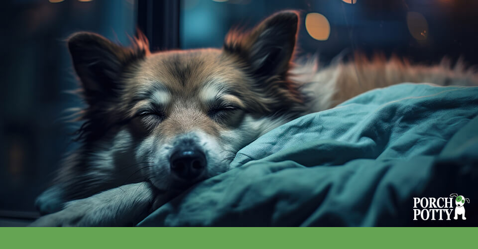 A fluffy dog peacefully sleeping on a cozy bed, lit by soft ambient lighting, symbolizing the importance of a restful night's sleep during overnight potty training.