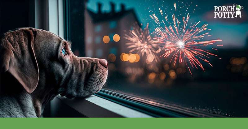 A black dog looks out of a window at fireworks
