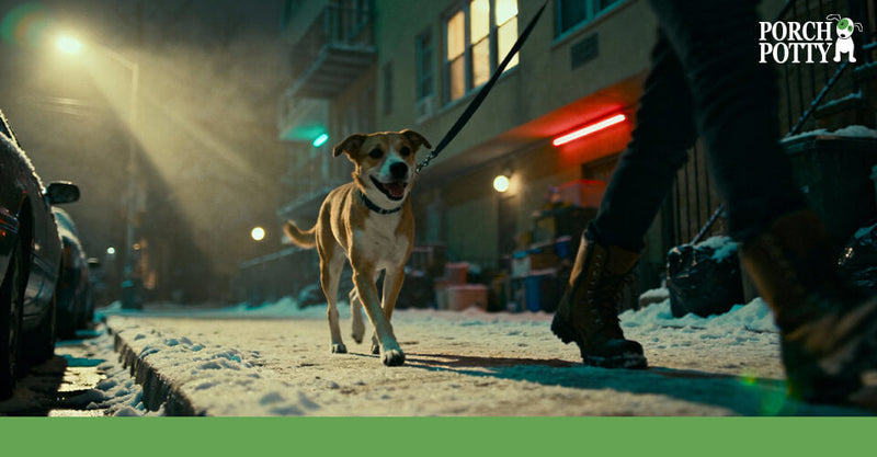 Dog walking on a leash along a snowy city street at night with apartment buildings in the background.