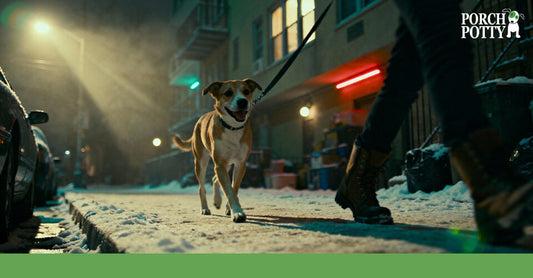 Dog walking on a leash along a snowy city street at night with apartment buildings in the background.