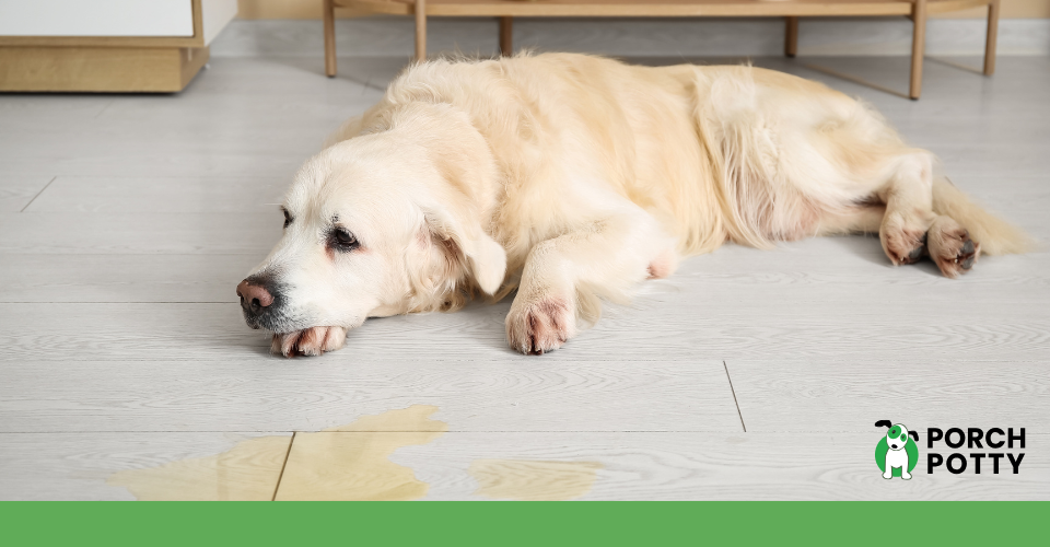 White dog lying on the floor near a small indoor pee accident.