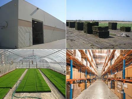 Porch Potty facilities, grass growing in a greenhouse, and warehouse inventory