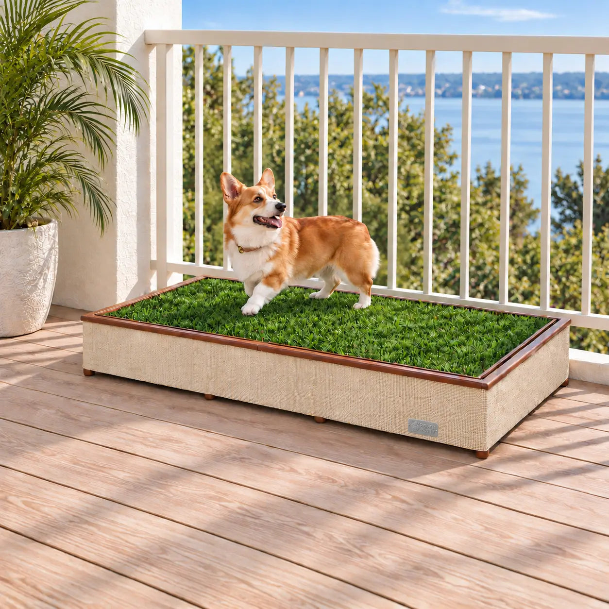 Dog using a Porch Potty CORE grass dog potty with a beige wrap on an apartment balcony