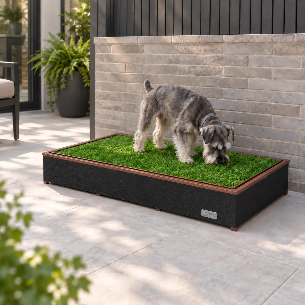 Dog using a Porch Potty CORE grass dog potty with a black wrap on a patio