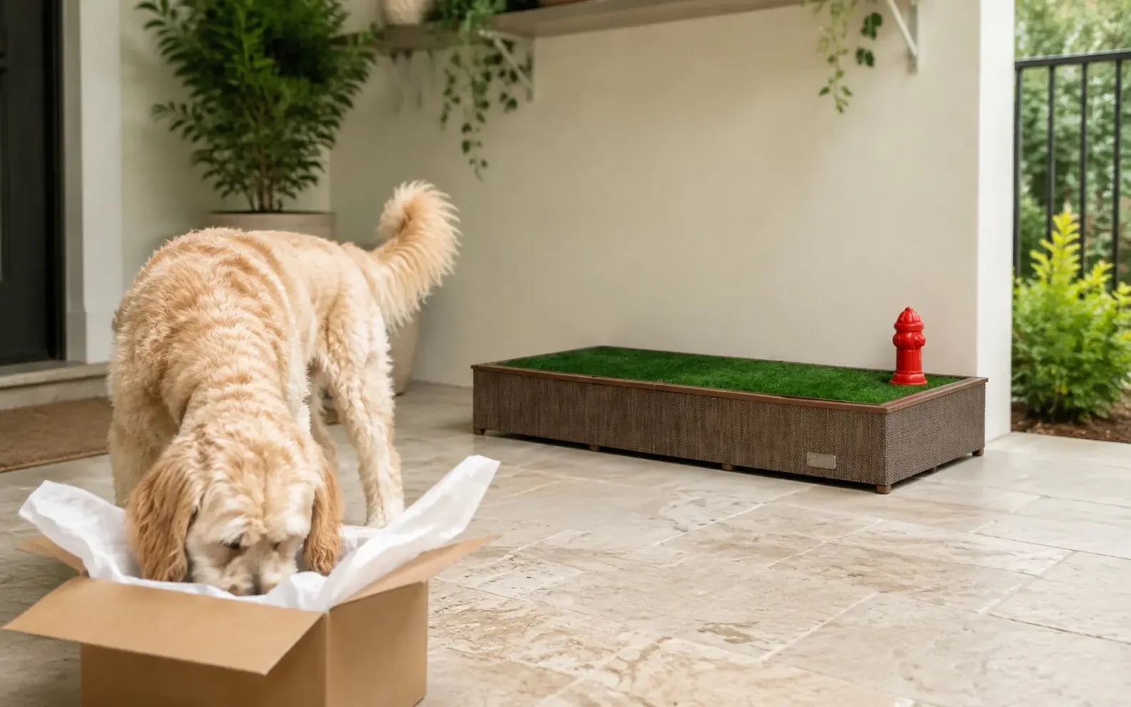 Dog exploring a package near a Porch Potty CORE
