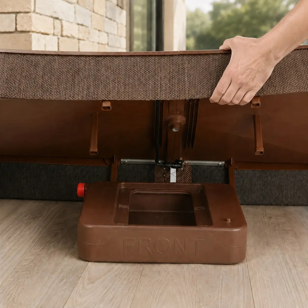 Extra-large catch basin beneath the Porch Potty CORE as the base is lifted