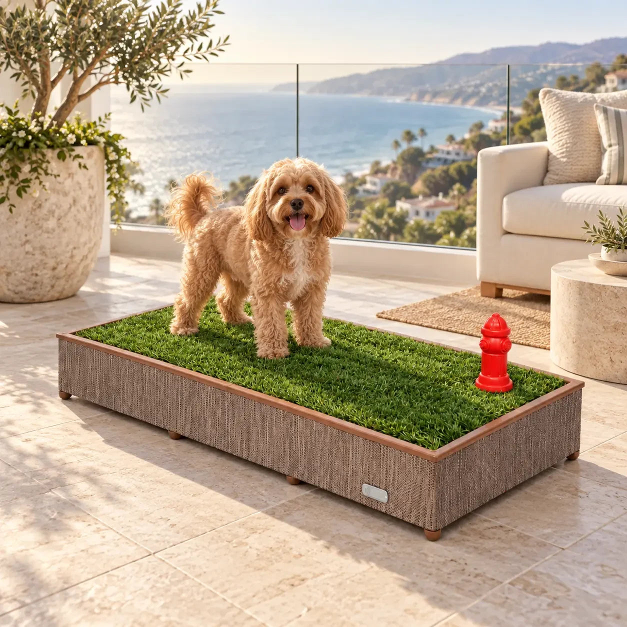 Dog standing on a Porch Potty on a sunny ocean-view balcony