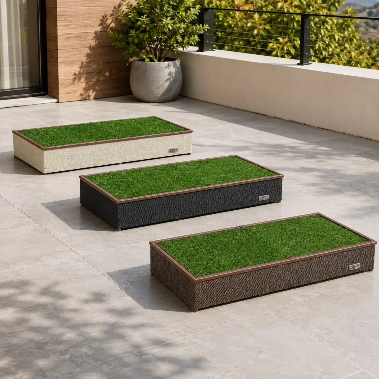 Beige, black, and brown Porch Potty CORE wrap options displayed on a sunny patio