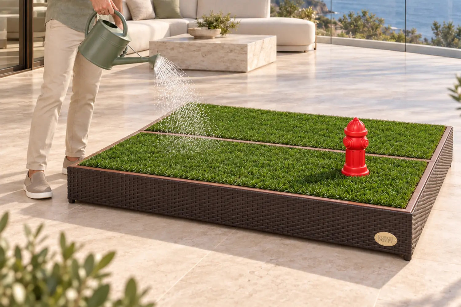 Rinsing the CLASSIC Mega grass with a watering can
