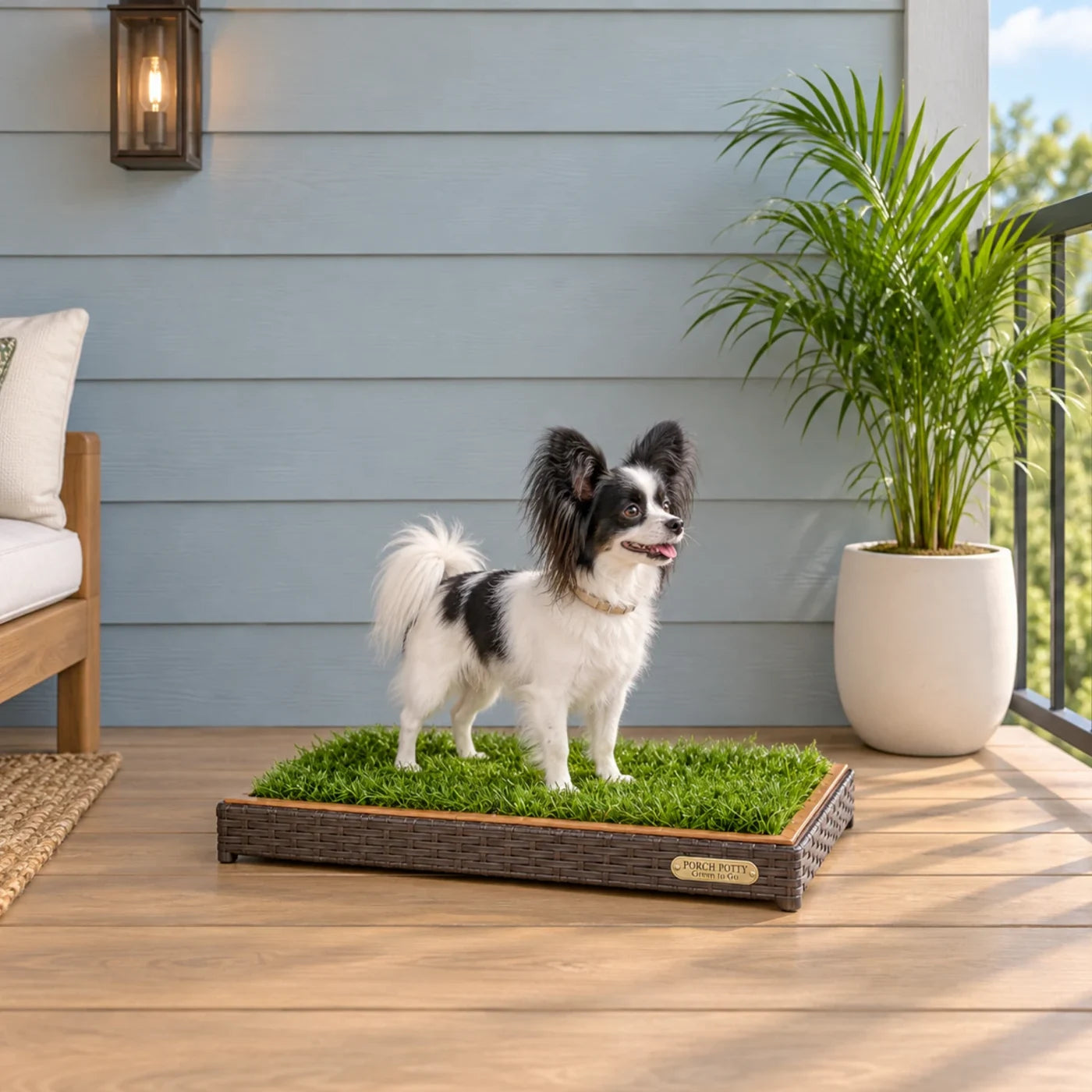 Small dog standing on a CLASSIC Mini grass potty on a covered patio