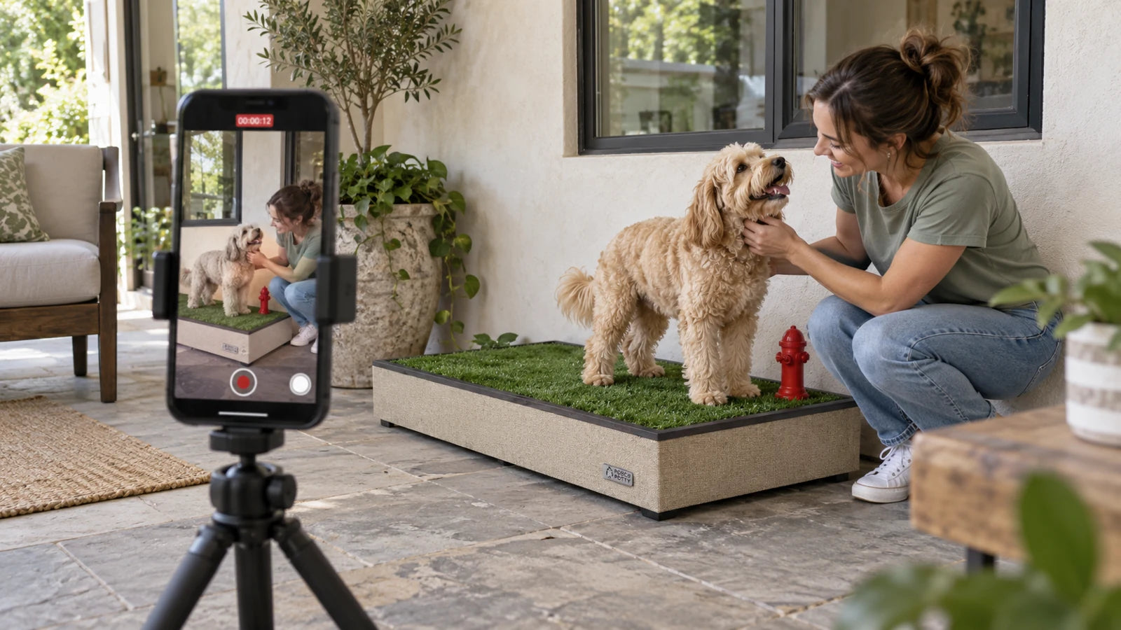 A creator filming her dog on a Porch Potty with a phone and tripod on a patio