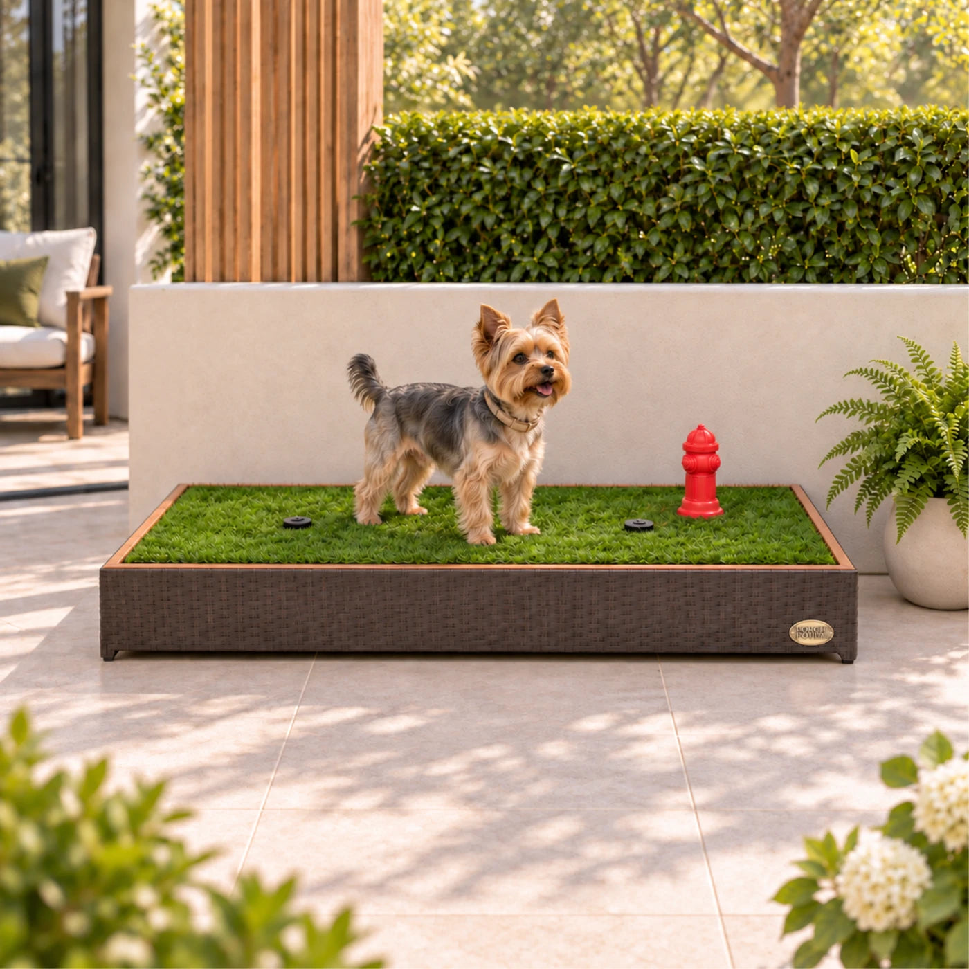 Yorkshire terrier standing on CLASSIC Premium on a sunlit patio