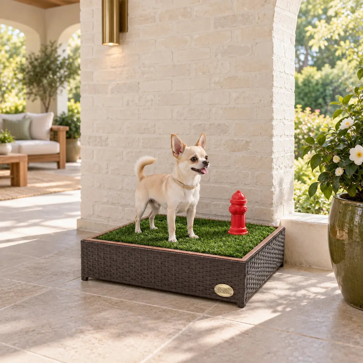 Small dog standing on CLASSIC Small in a bright covered patio setting
