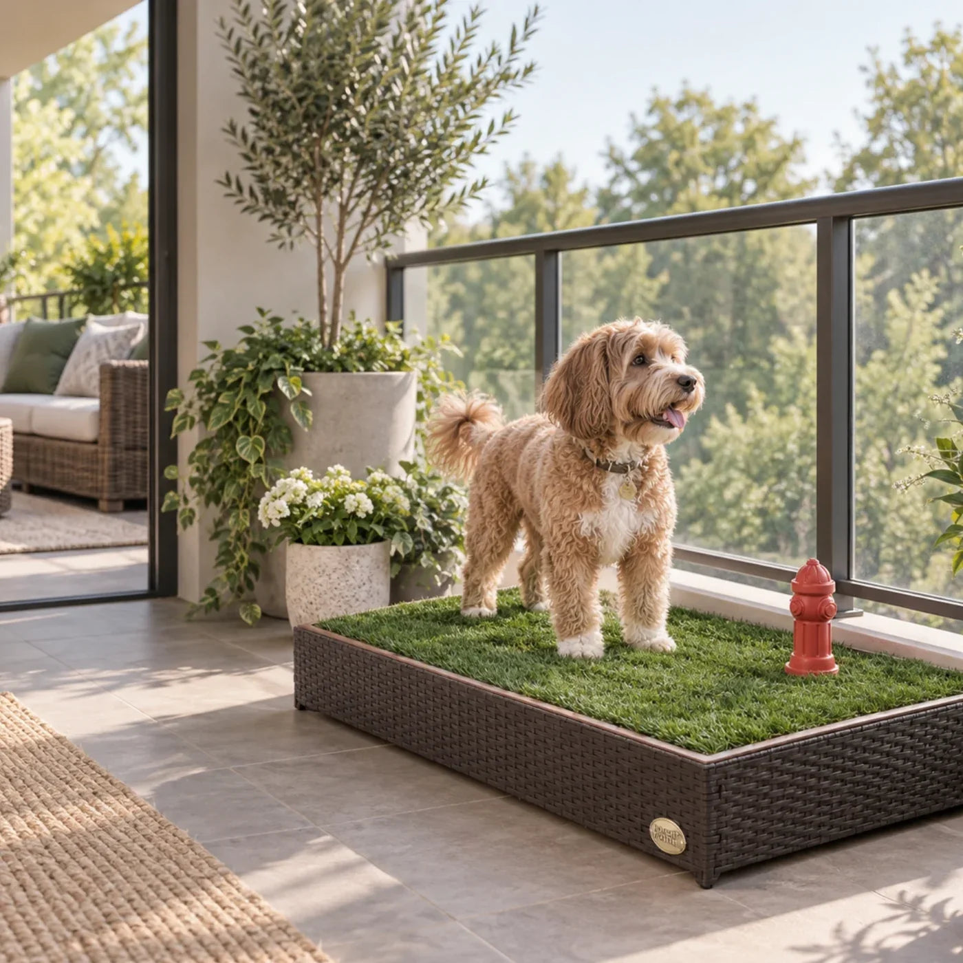 Dog using a Porch Potty CLASSIC grass dog potty on a sunny balcony