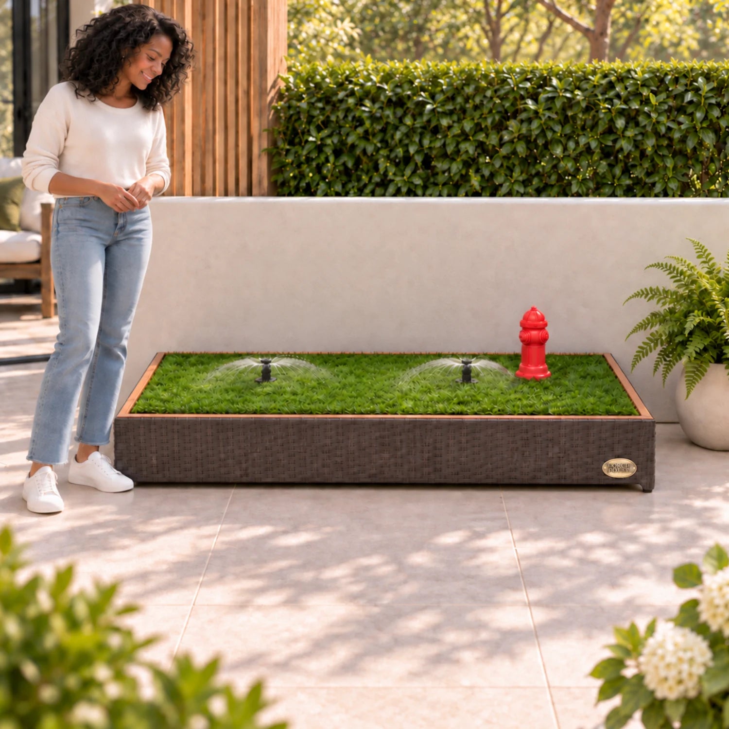 Built-in sprinklers rinsing a Porch Potty CLASSIC Premium grass dog potty