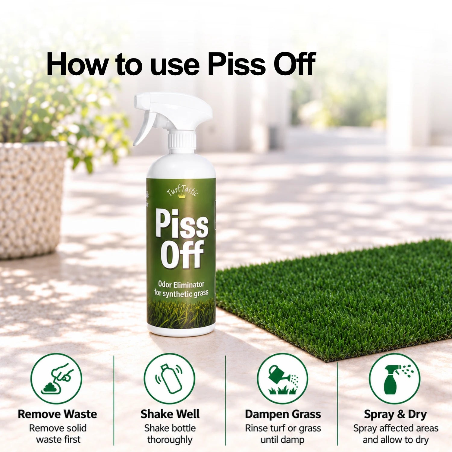 How to use Piss Off: remove waste, shake well, dampen grass, then spray and dry